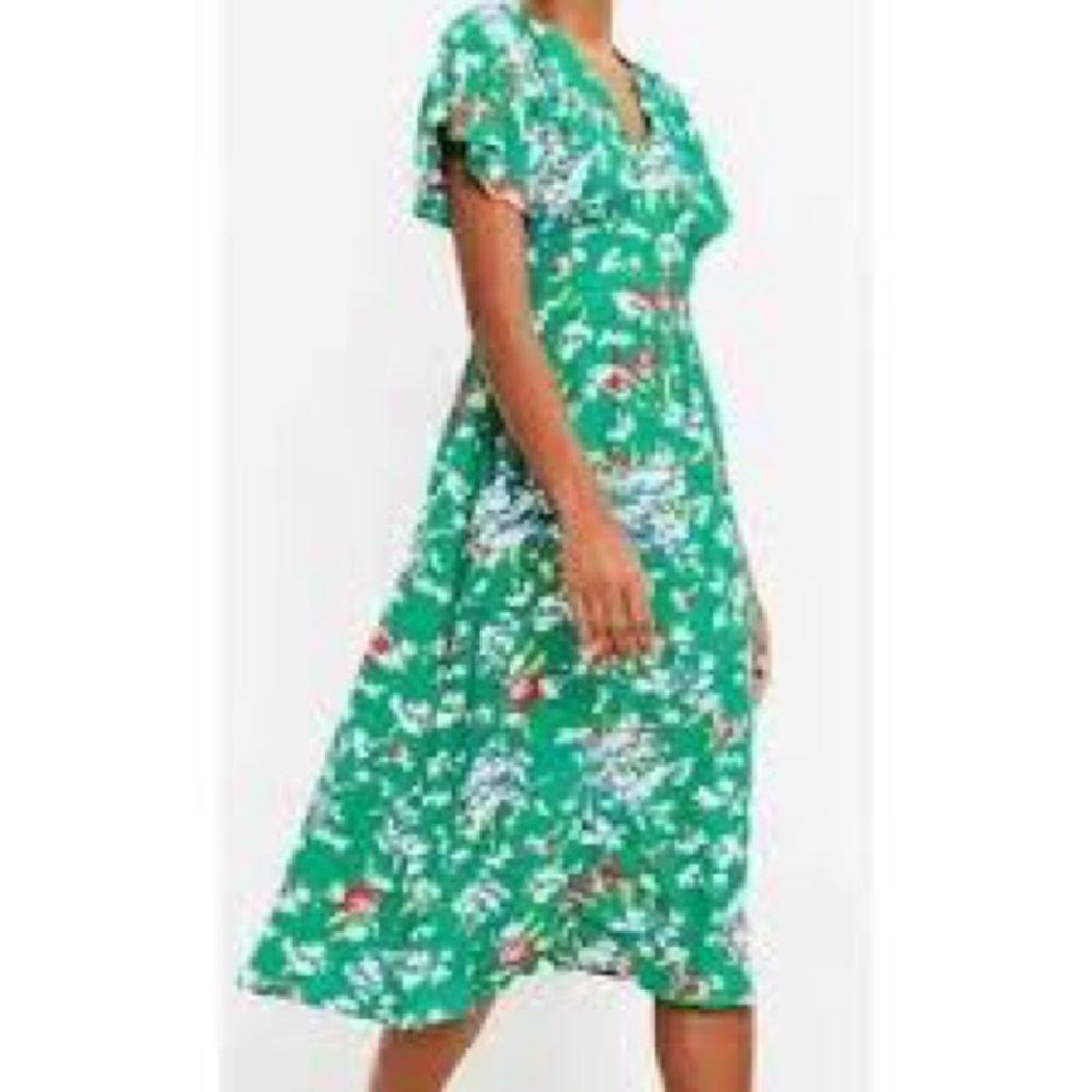 Loft Green Floral Spring MIDI v-neck Dress 12 Petite